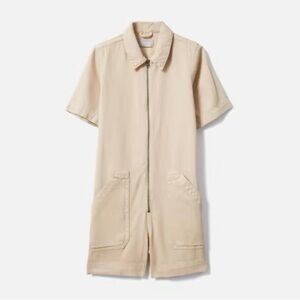Everlane The Denim Short Coverall romper in the color Dune/Beige 14